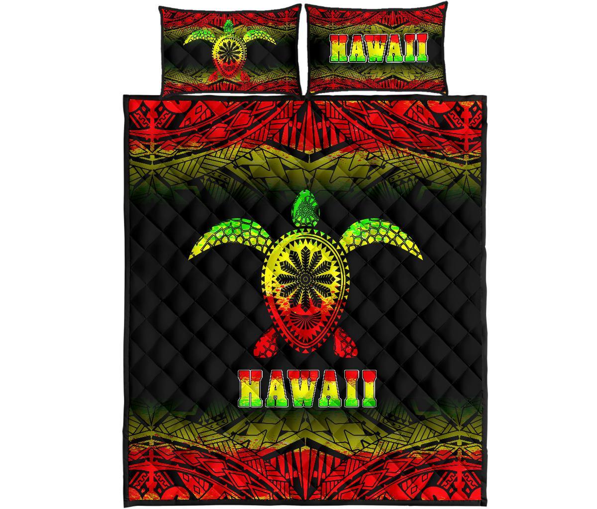 Hawaii Quilt Bed Set - Hawaii Turtle Polynesian Tattoo Black Fog Reggae Version Art - Polynesian Pride