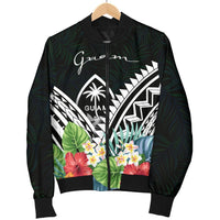 Guam Men's Bomber Jacket - Guam Coat of Arms & Polynesian Tropical Flowers White - Polynesian Pride