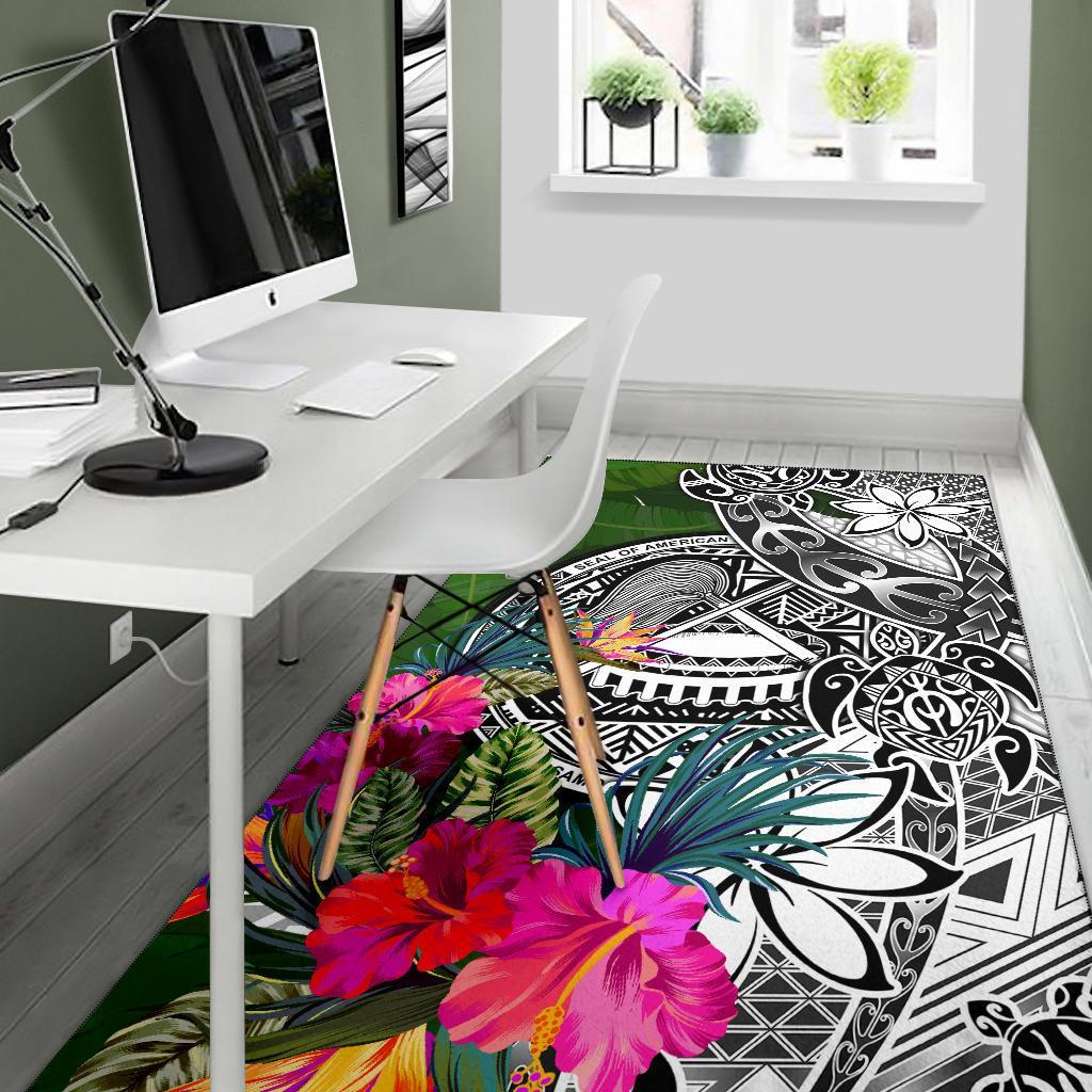 American Samoa Area Rug White - Turtle Plumeria Banana Leaf - Polynesian Pride