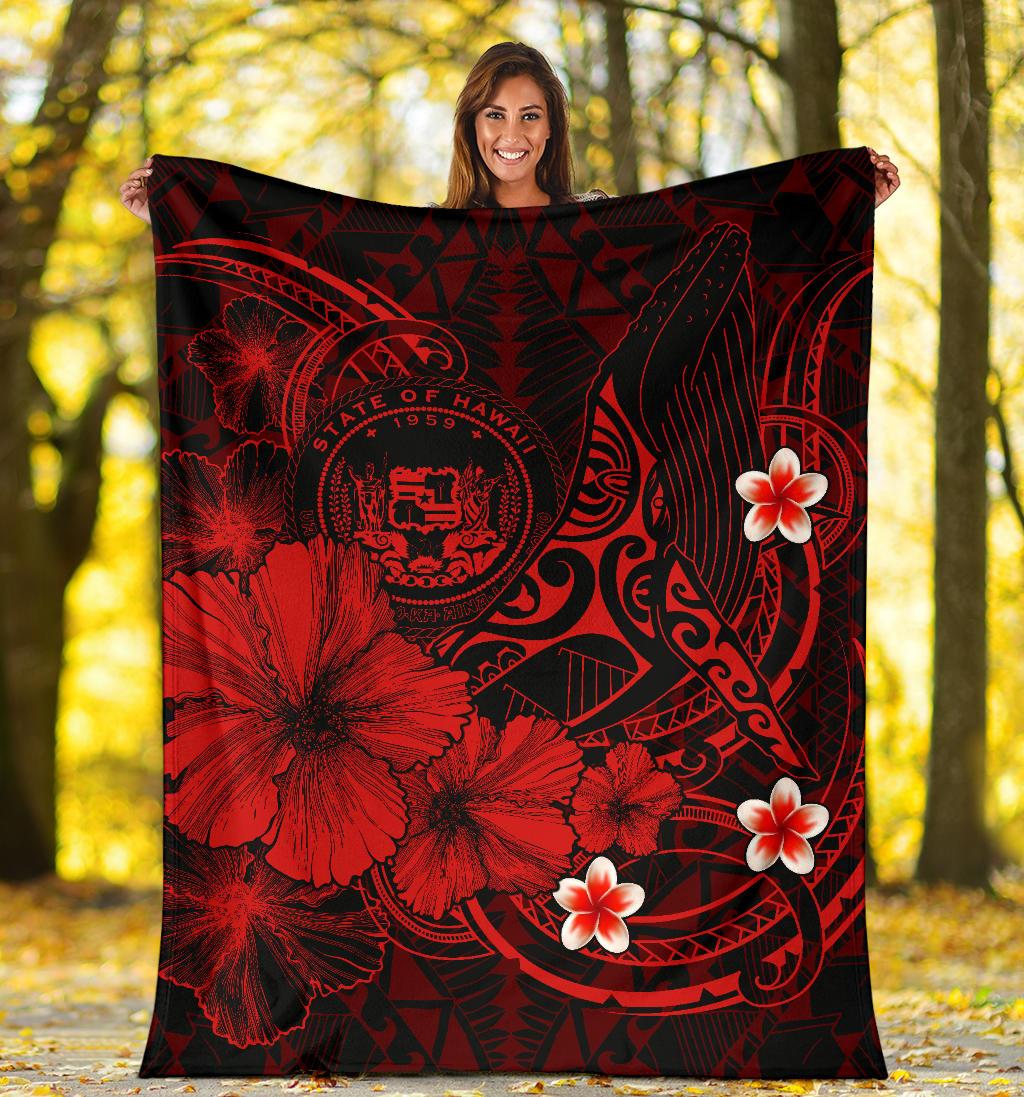 Polynesian Hawaii Premium Blanket - Humpback Whale with Hibiscus (Red) - Polynesian Pride