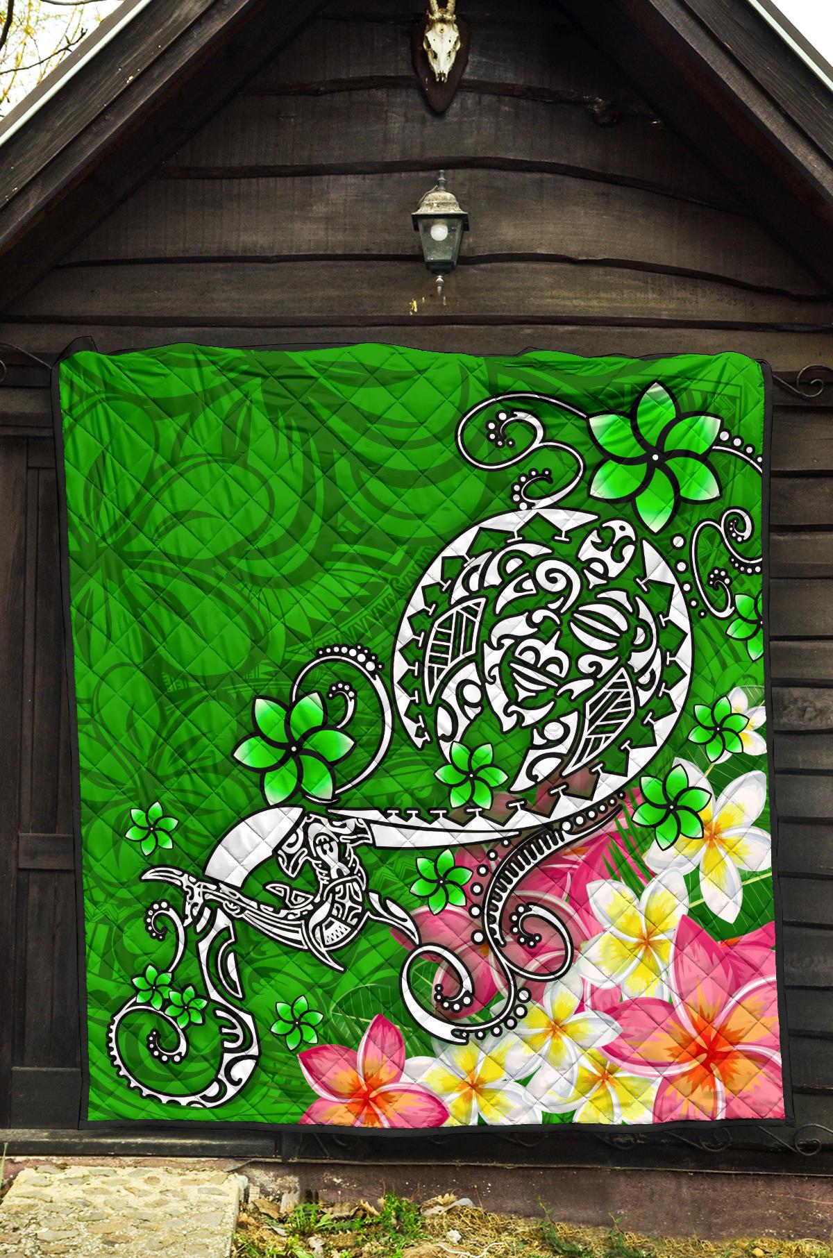 Polynesian Premium Quilt - Turtle Plumeria Green Color - Polynesian Pride