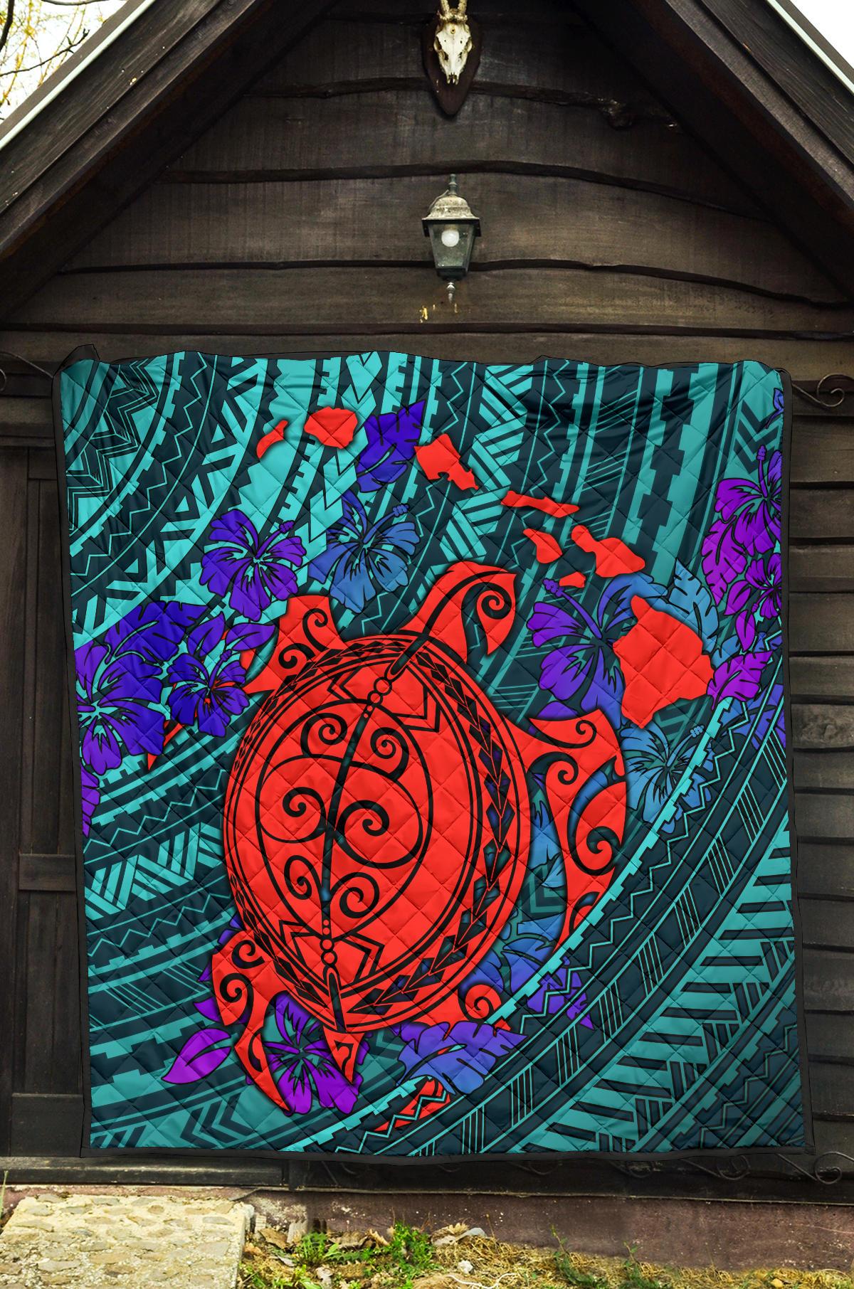 Hawaii Polynesian Premium Quilt - Hawaii Red Turtle Map & Purple Hibiscus - Polynesian Pride