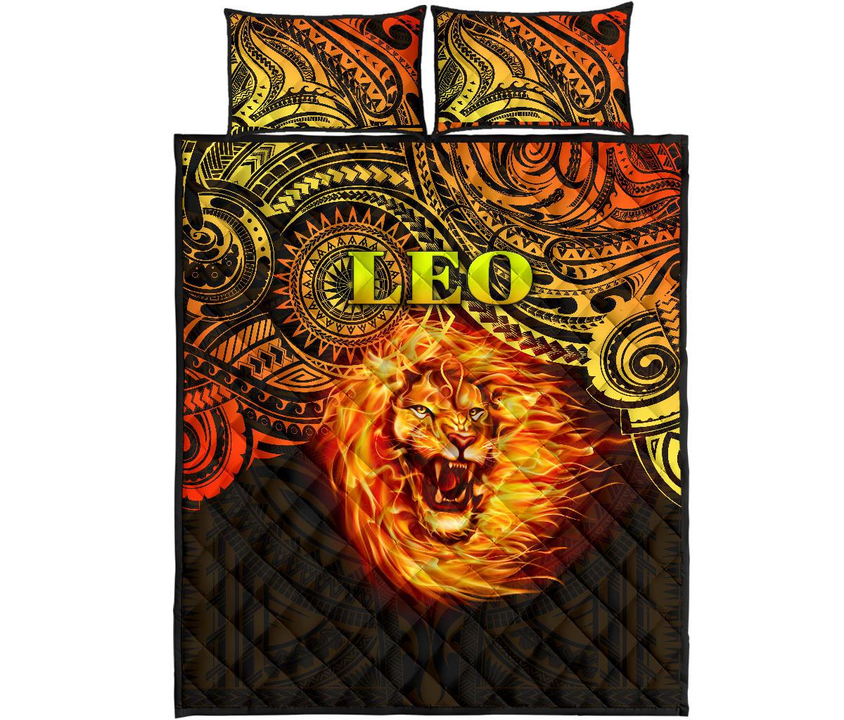 Sun In Leo Zodiac Quilt Bed Set Polynesian Tattoo Unique Vibes - Polynesian Pride