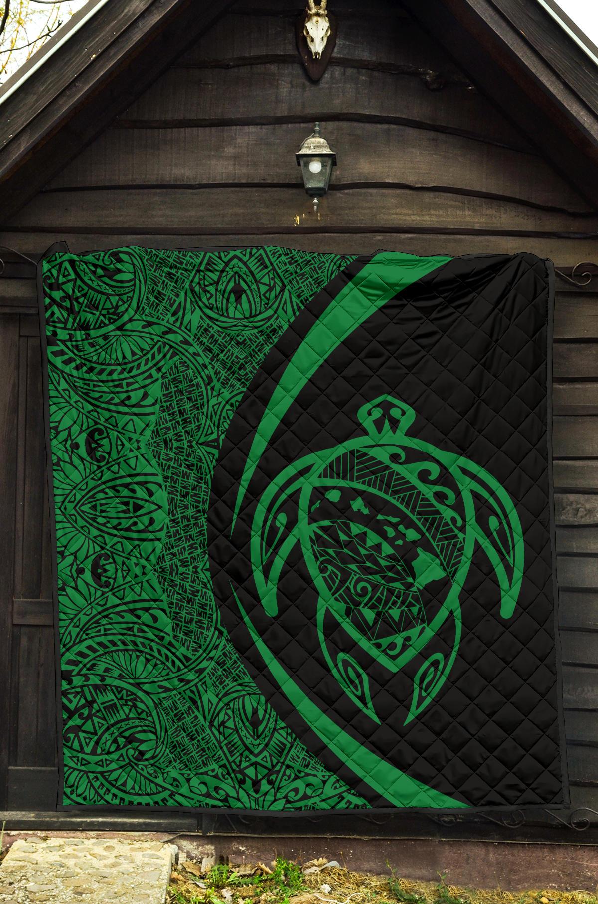 Hawaii Turtle Map Polynesian Premium Quilt - Green - Circle Style - Polynesian Pride