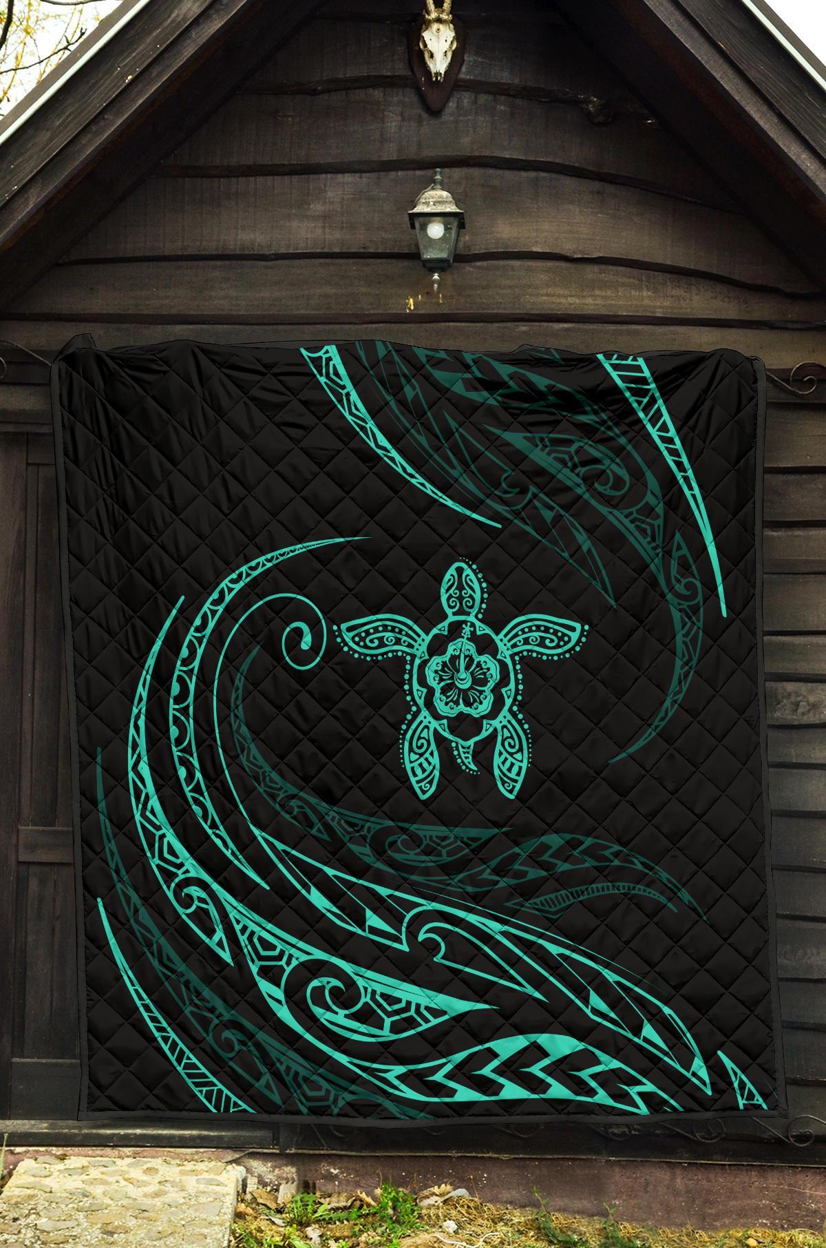 Hawaii Turtle Hibicus Premium Quilt - Frida Style - Turquoise - Polynesian Pride