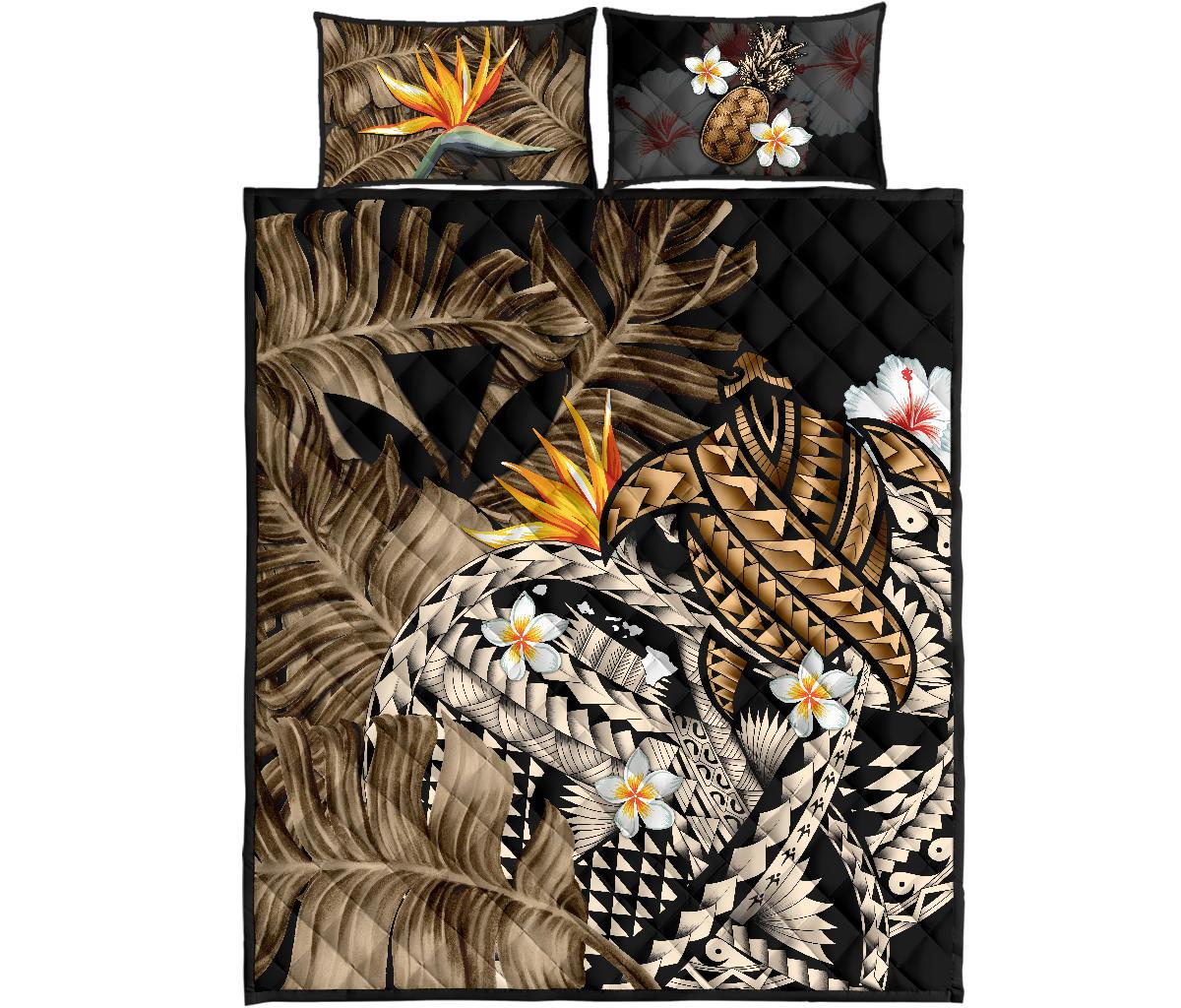 Kanaka Maoli (Hawaiian) Quilt Bed Set, Polynesian Pineapple Banana Leaves Turtle Tattoo Gold Gold - Polynesian Pride