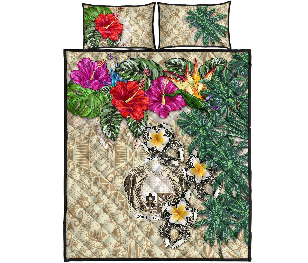 Nauru Polynesian Quilt Bed Set - Hibiscus Turtle Tattoo Beige - Polynesian Pride