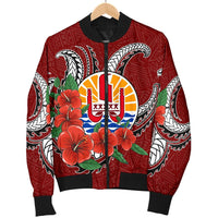 Tahiti Polynesian Men Bomber Jacket - Hibiscus Coat of Arm Red RED - Polynesian Pride