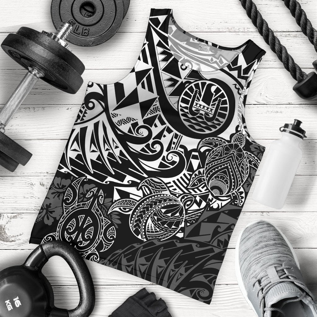 Tahiti Polynesian Men Tank Top - White Turtle Hibiscus Flowing White - Polynesian Pride