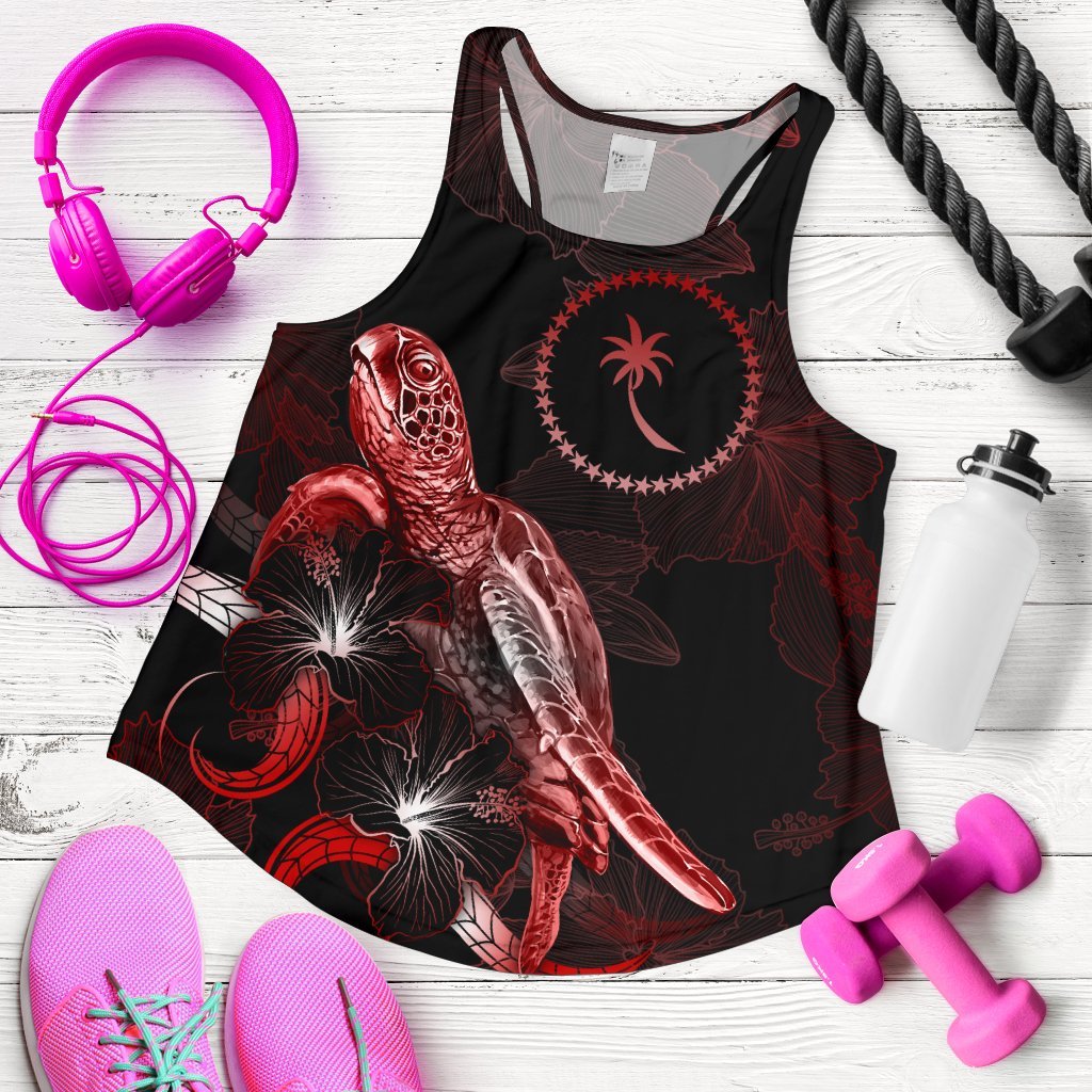 Chuuk Polynesian Women Tank Top - Turtle With Blooming Hibiscus Red Red - Polynesian Pride