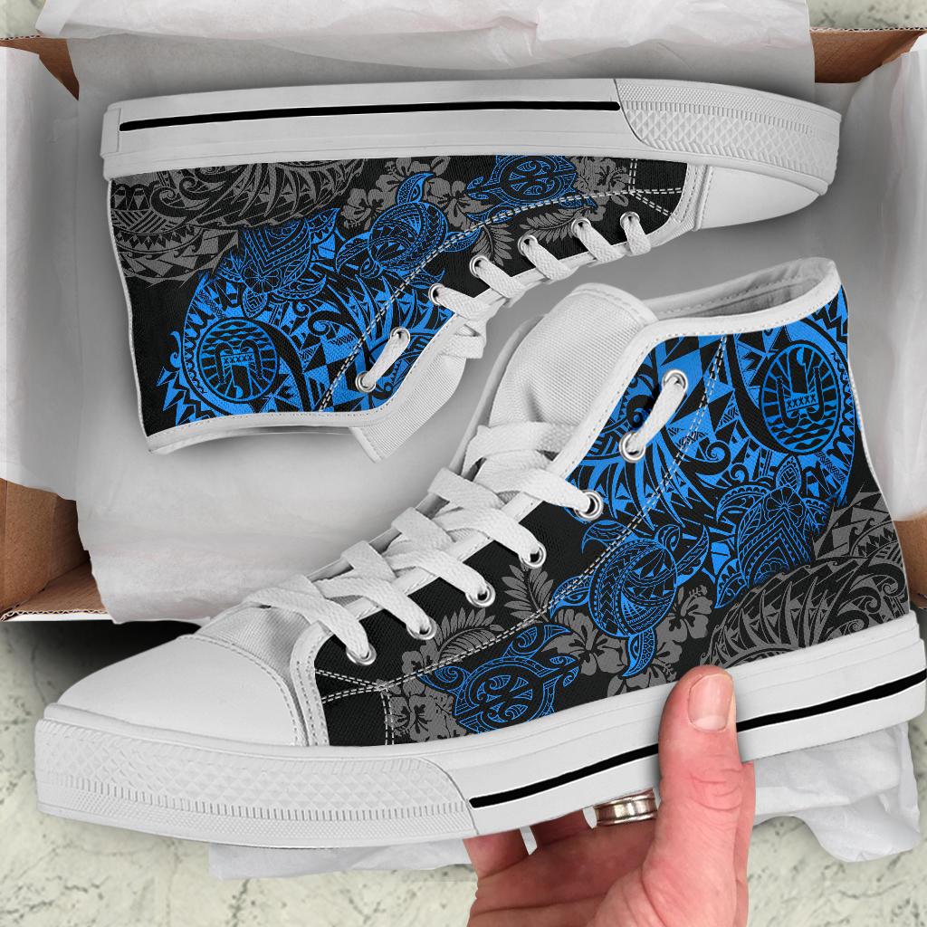 Tahiti Polynesian High Top Shoes - Blue Turtle Hibiscus Flowing - Polynesian Pride