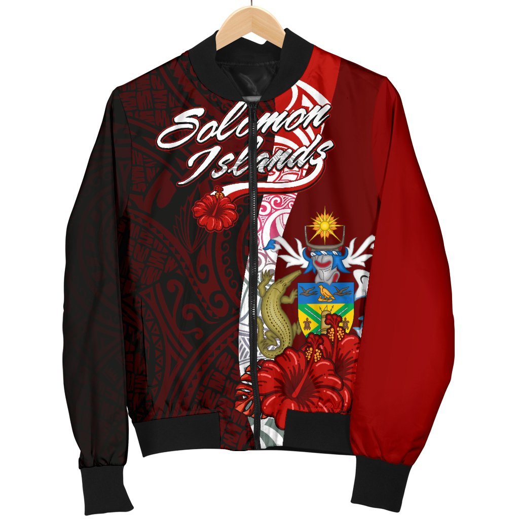 Solomon Islands Polynesian Men's Bomber Jacket - Coat Of Arm With Hibiscus - Polynesian Pride