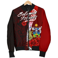 Solomon Islands Polynesian Men's Bomber Jacket - Coat Of Arm With Hibiscus - Polynesian Pride