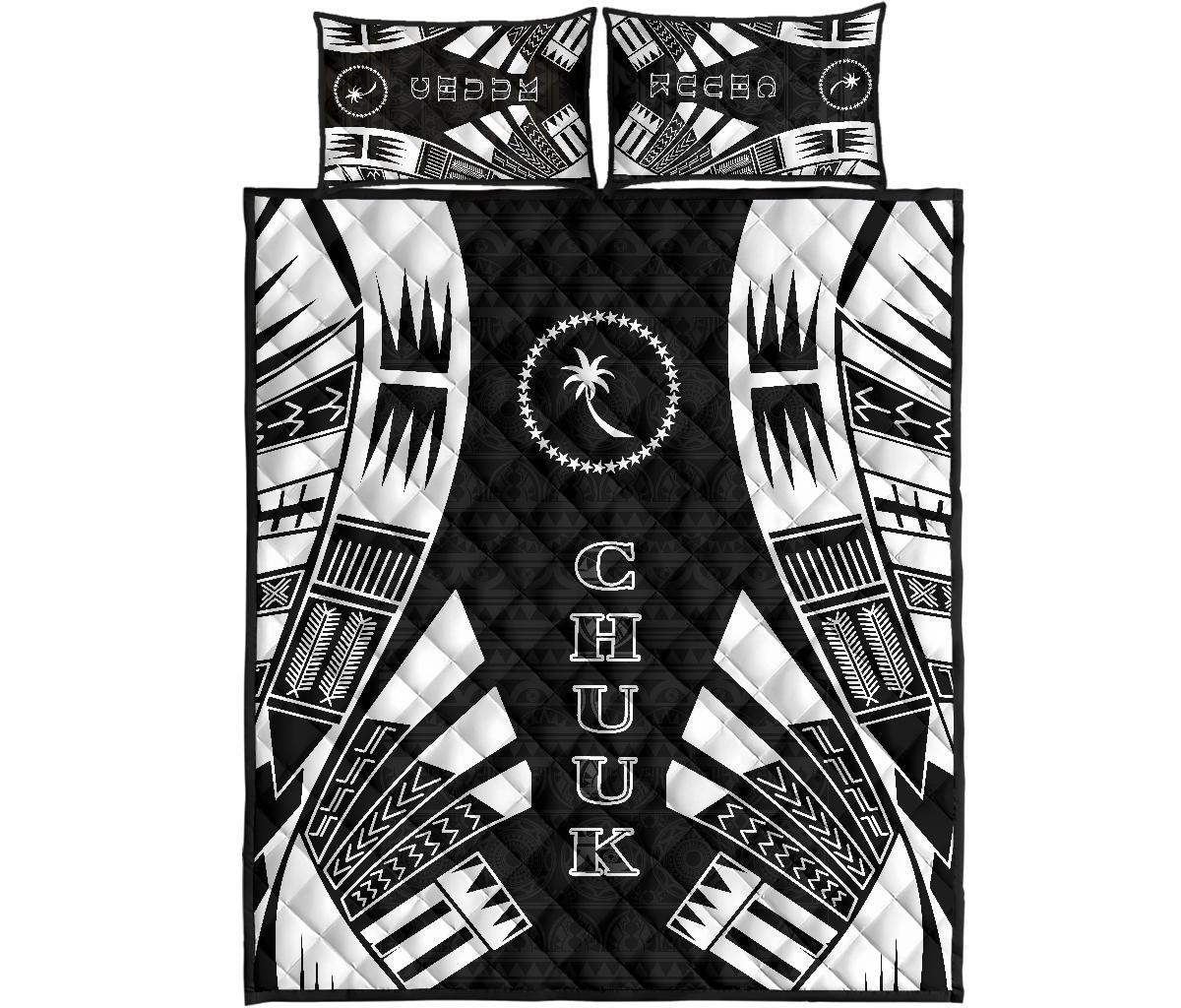Chuuk Quilt Bed Set - Chuuk Flag Polynesian White Tattoo Style Black - Polynesian Pride