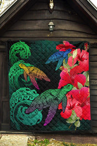 Hawaii Turtle Wave Hibiscus Premium Quilt - Unia Style - Polynesian Pride