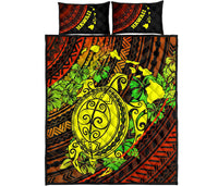 Hawaii Polynesian Quilt Bed Set - Hawaii Yellow Sea Turtle Map & Green Hibiscus - Polynesian Pride