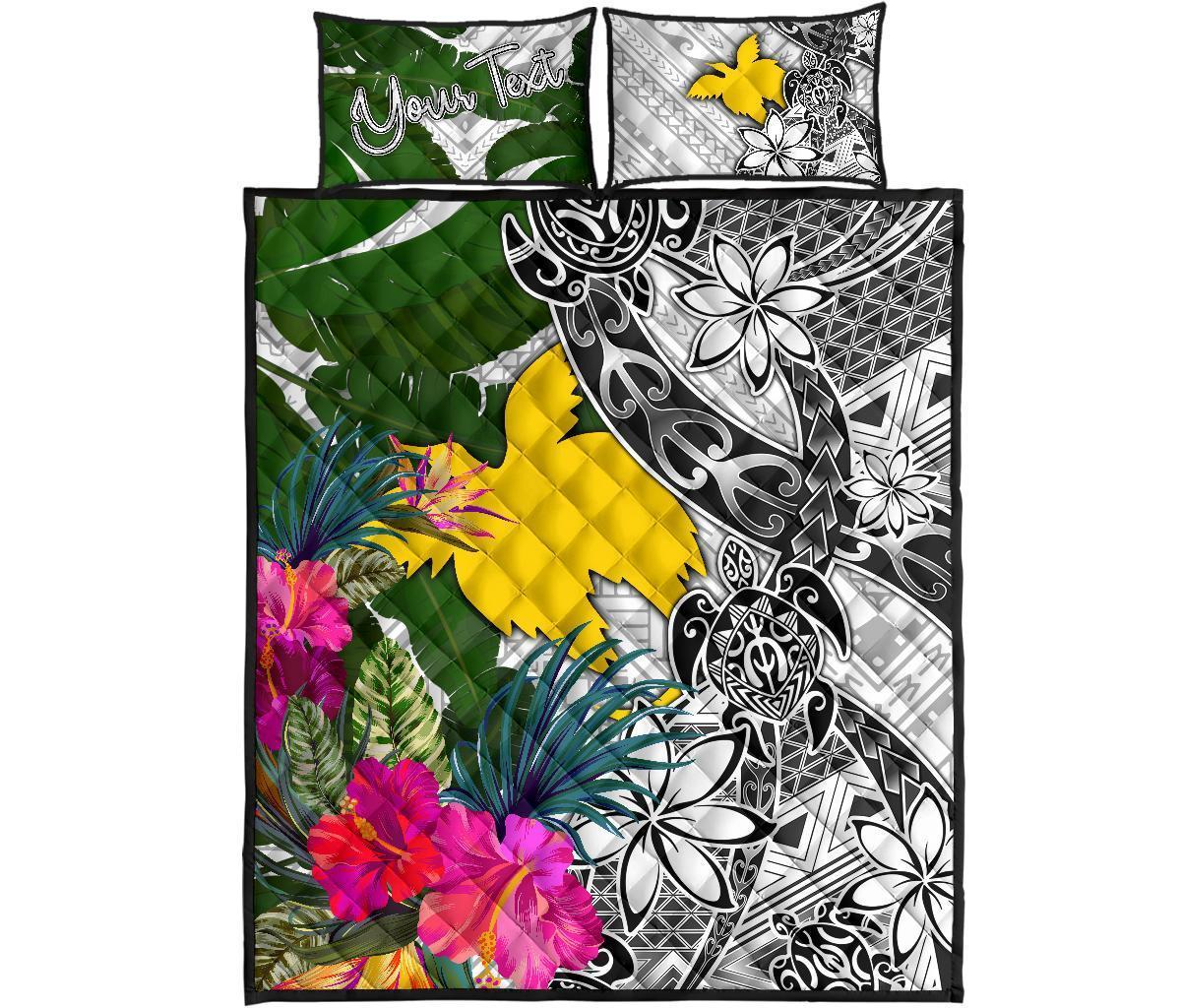 Papua New Guinea Custom Personalised Quilt Bet Set White - Turtle Plumeria Banana Leaf - Polynesian Pride