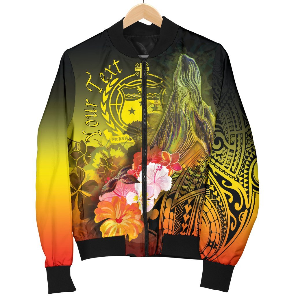 Custom Personalised Samoa Men's Bomber Jacket- Humpback Whale with Tropical Flowers (Yellow) - Polynesian Pride