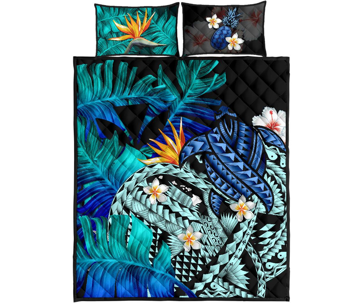 Kanaka Maoli (Hawaiian) Quilt Bed Set, Polynesian Pineapple Banana Leaves Turtle Tattoo Blue Blue - Polynesian Pride