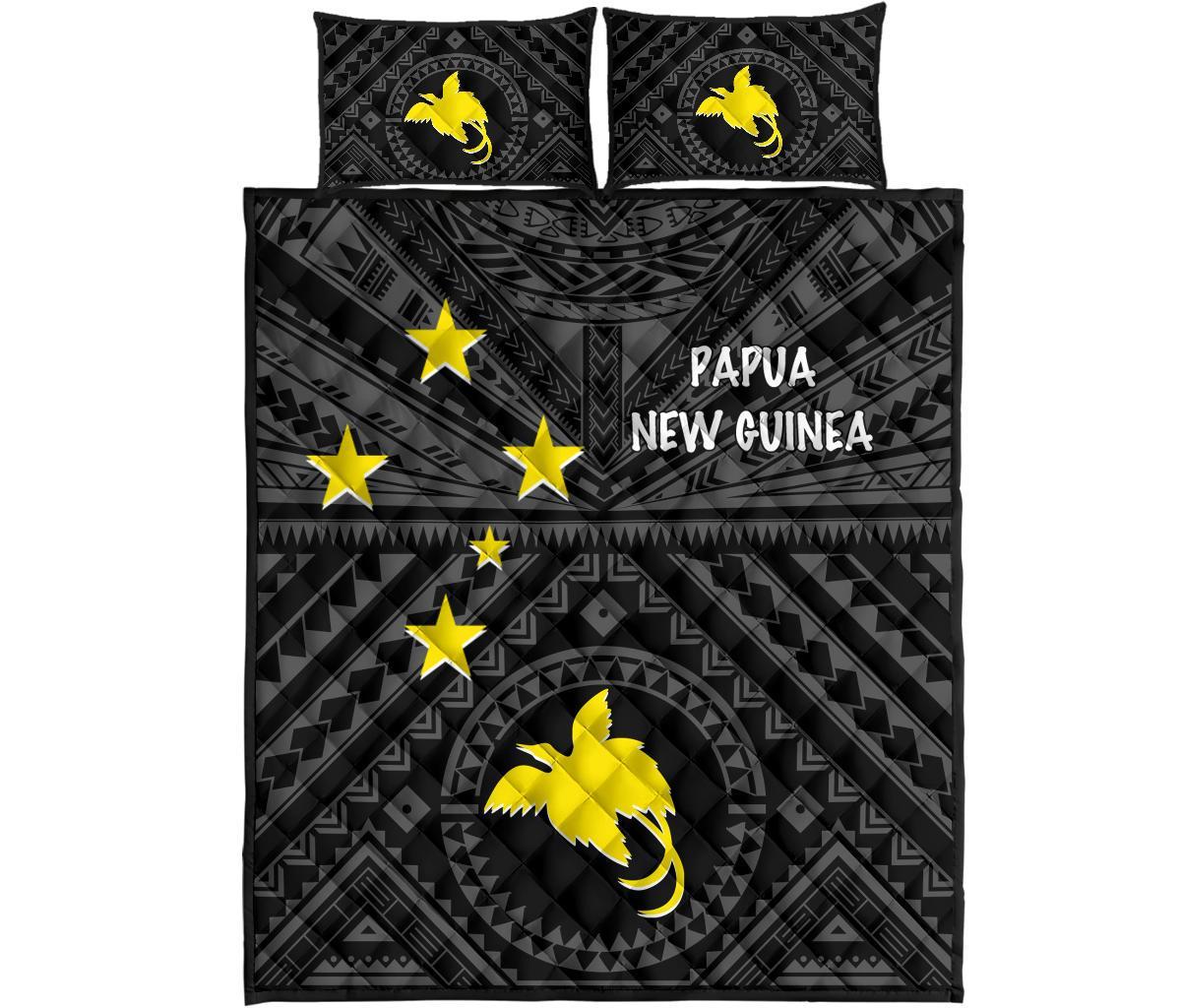 Papua New Guinea Quilt Bed Set - Flag With Polynesian Patterns (Black) - Polynesian Pride