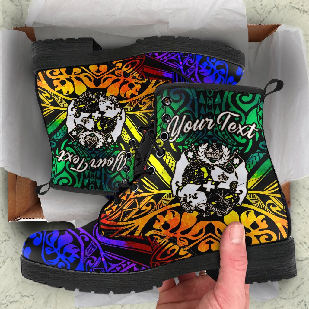 Tonga Custom Personalised Leather Boots - Rainbow Polynesian Pattern Rainbow - Polynesian Pride