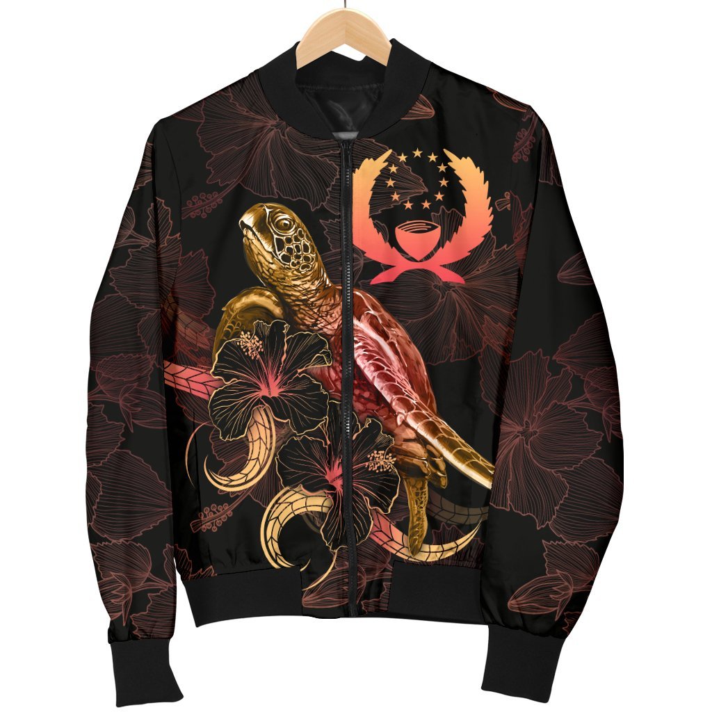 Pohnpei Polynesian Men's Bomber Jacket - Turtle With Blooming Hibiscus Gold - Polynesian Pride