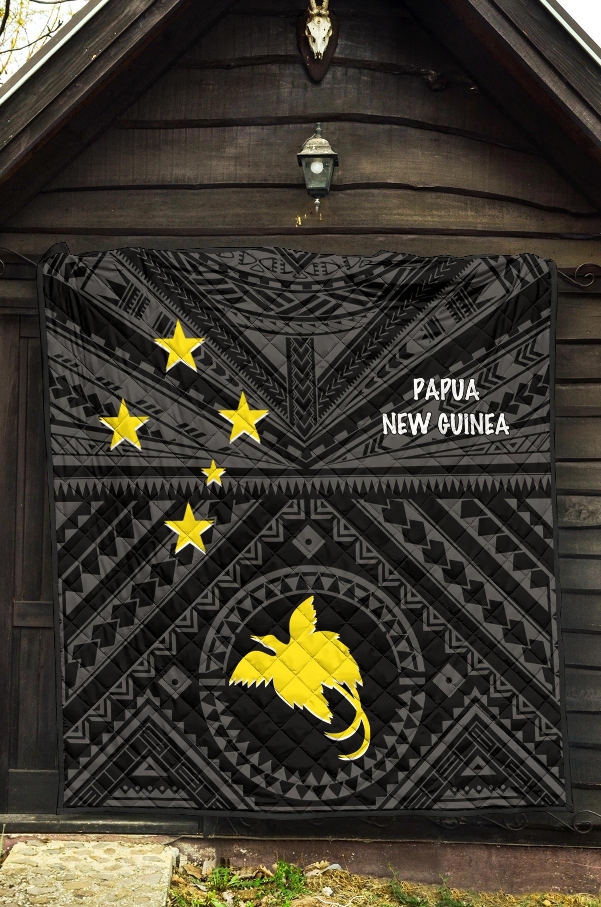 Papua New Guinea Premium Quilt - Flag With Polynesian Patterns (Black) - Polynesian Pride