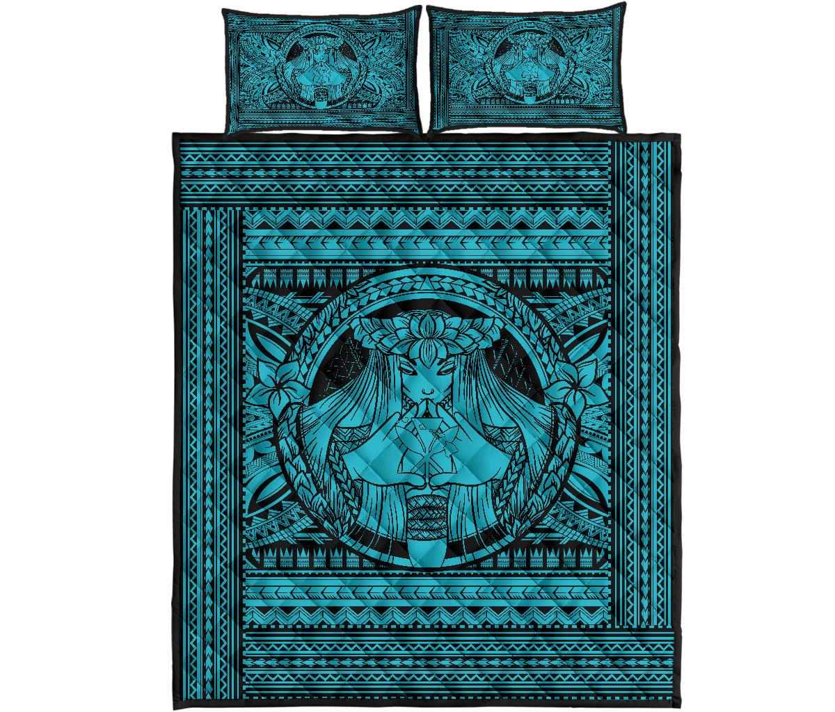 Hawaii Polynesian Pele Kanaka Quilt Bed Set Blue - Polynesian Pride