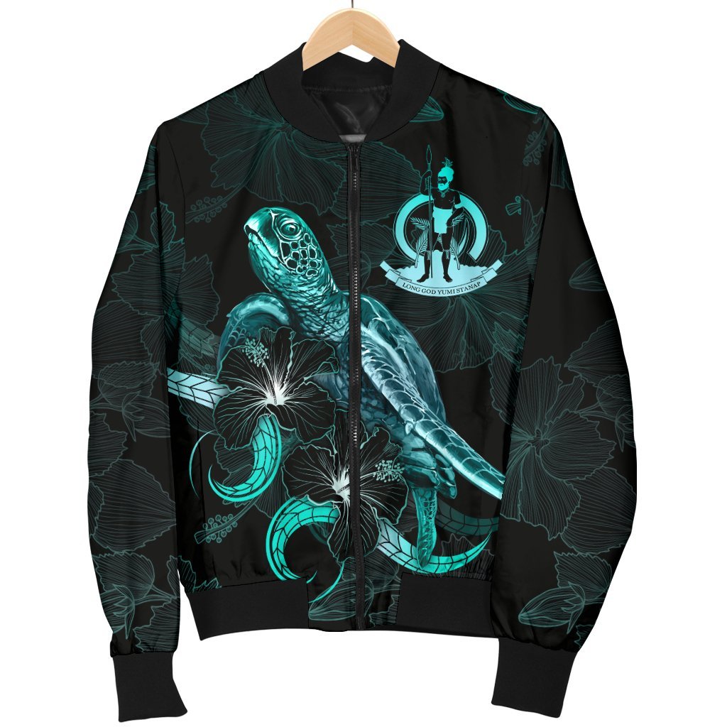 Vanuatu Polynesian Men's Bomber Jacket - Turtle With Blooming Hibiscus Turquoise - Polynesian Pride