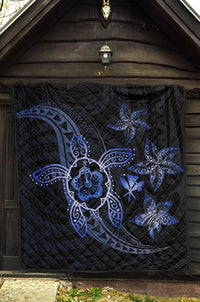 Kanaka Map Hibiscus Plumeria Turtle Art Blue Polynesian Premium Quilt - Polynesian Pride