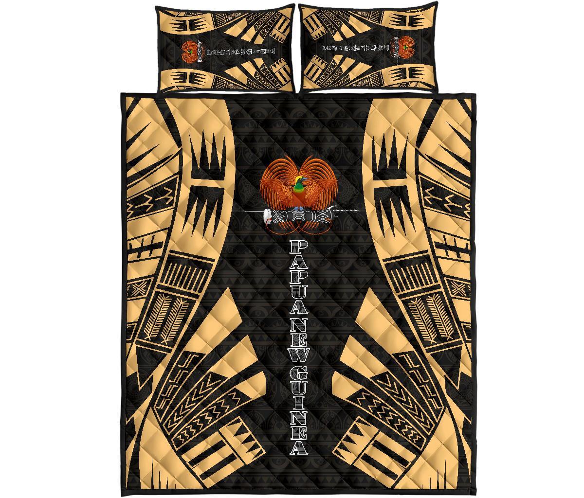 Papua New Guinea Quilt Bed Set - Papua New Guinea Coat Of Arms & Polynesian Yellow Tattoo Style Yellow - Polynesian Pride