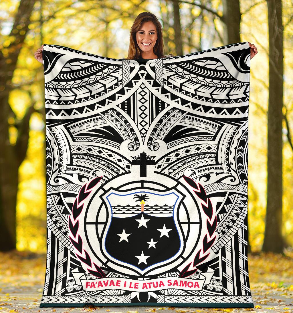 Samoa Premium Blanket - Samoa Coat Of Arm, Polynesian Tattoo White And Black - Polynesian Pride