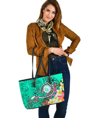 Hawaii Polynesian Large Leather Tote Bag - Hawaii Seal With Turtle Plumeria (Turquoise) - Polynesian Pride