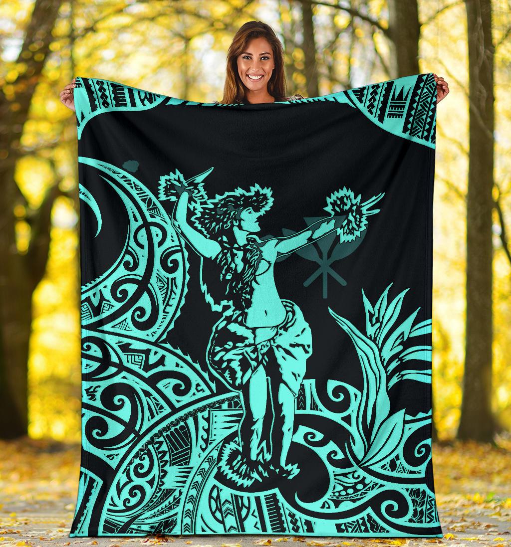 Polynesian Hawaii Premium Blanket - Hula Girl Neon Blue - Polynesian Pride