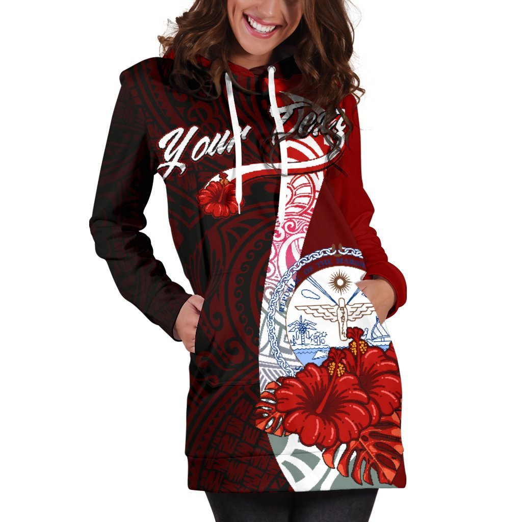 Marshall Islands Polynesian Custom Personalised Hoodie Dress - Coat Of Arm With Hibiscus - Polynesian Pride