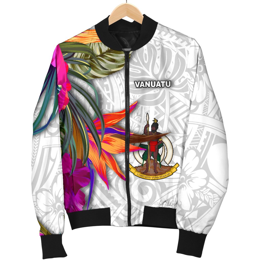 Vanuatu Men's Bomber Jacket Polynesian Hibiscus White Pattern - Polynesian Pride