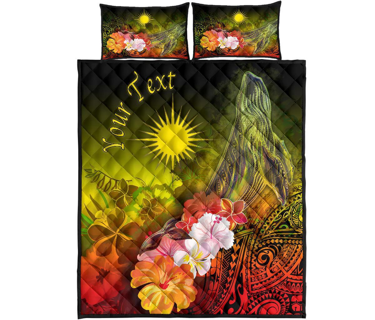 Marshall Islands Custom Personalised Quilt Bed Set - Humpback Whale with Tropical Flowers (Yellow) - Polynesian Pride