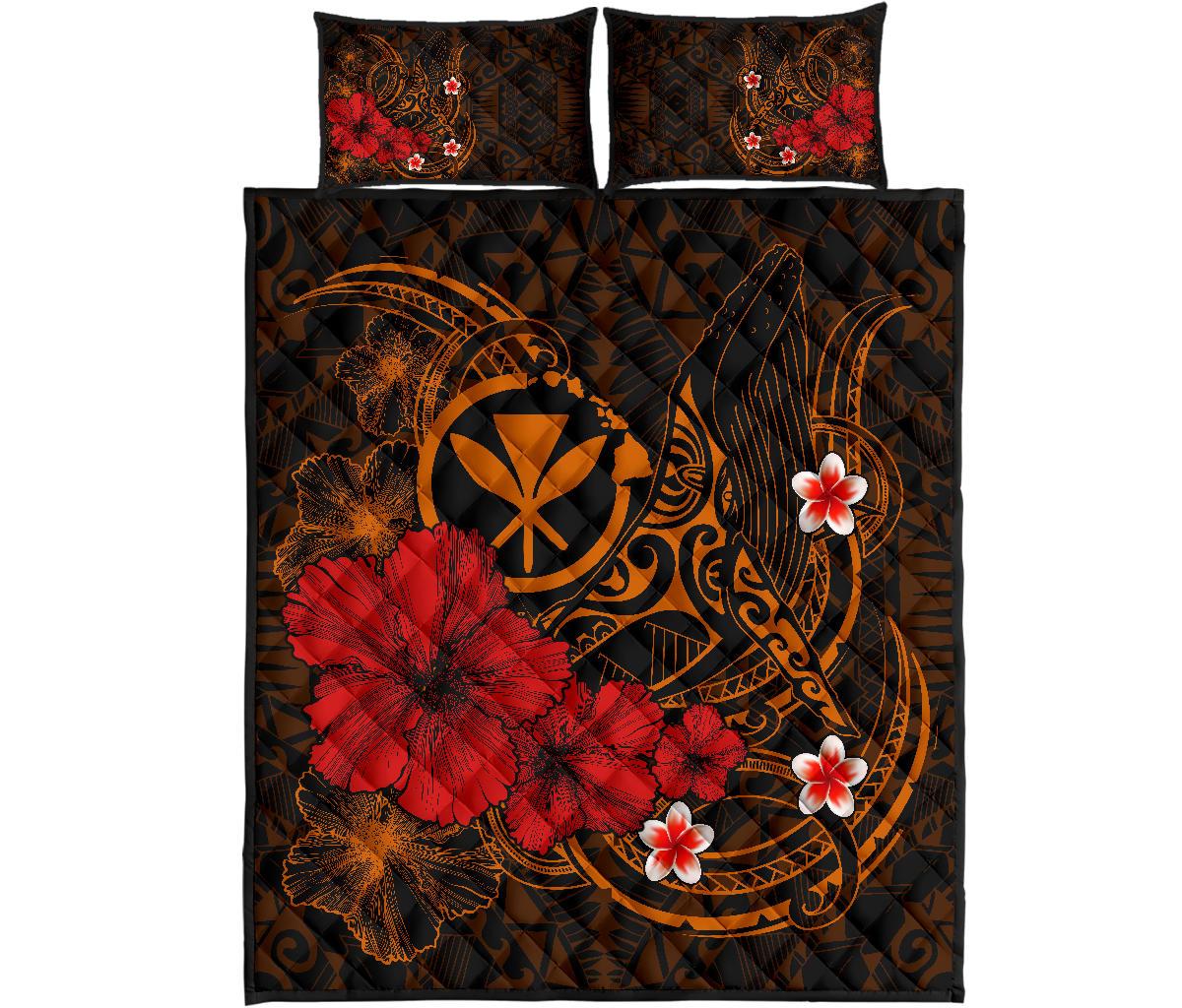 Polynesian Hawaii Kanaka Maoli Quilt Bed Set - Humpback Whale with Hibiscus (Golden) - Polynesian Pride