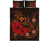 Polynesian Hawaii Kanaka Maoli Quilt Bed Set - Humpback Whale with Hibiscus (Golden) - Polynesian Pride