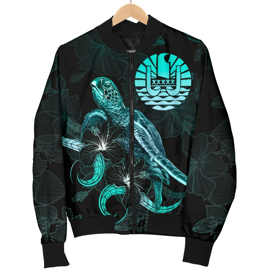 Tahiti Polynesian Men's Bomber Jacket - Turtle With Blooming Hibiscus Turquoise - Polynesian Pride