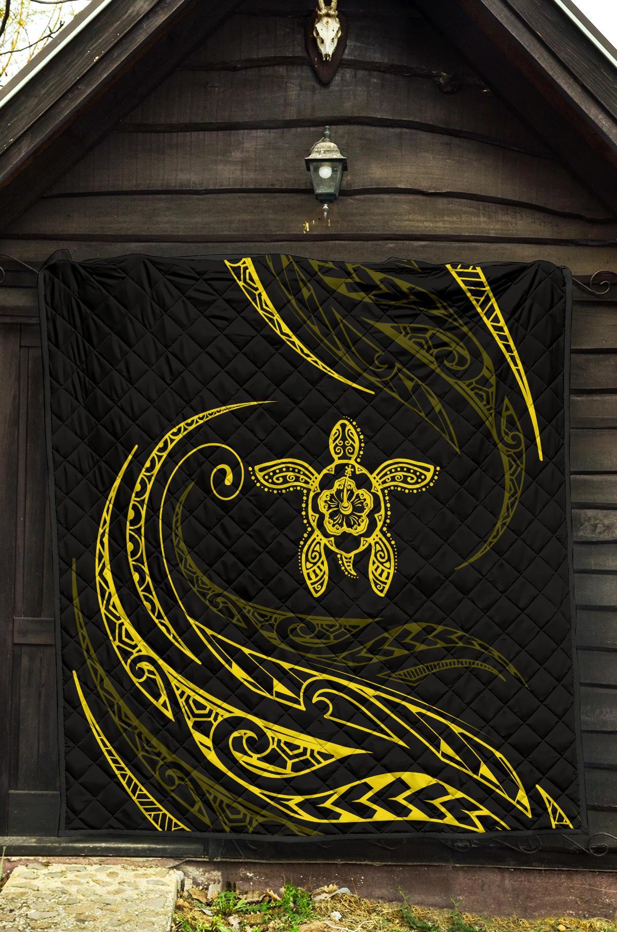 Hawaii Turtle Hibicus Premium Quilt - Frida Style - Yellow - Polynesian Pride