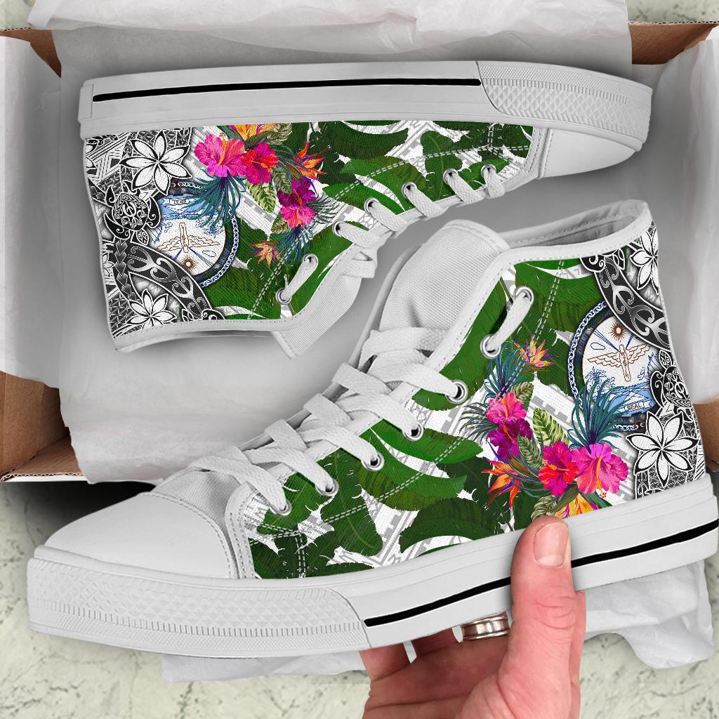 Marshall Islands High Top Shoes White - Turtle Plumeria Banana Leaf Crest - Polynesian Pride