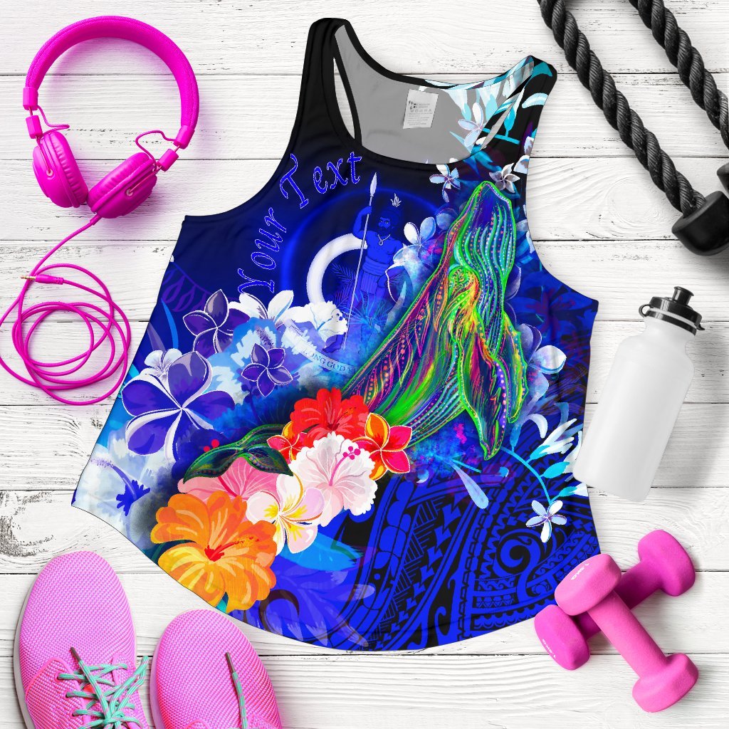 Vanuatu Custom Personalised Women Tank - Humpback Whale with Tropical Flowers (Blue) Blue - Polynesian Pride