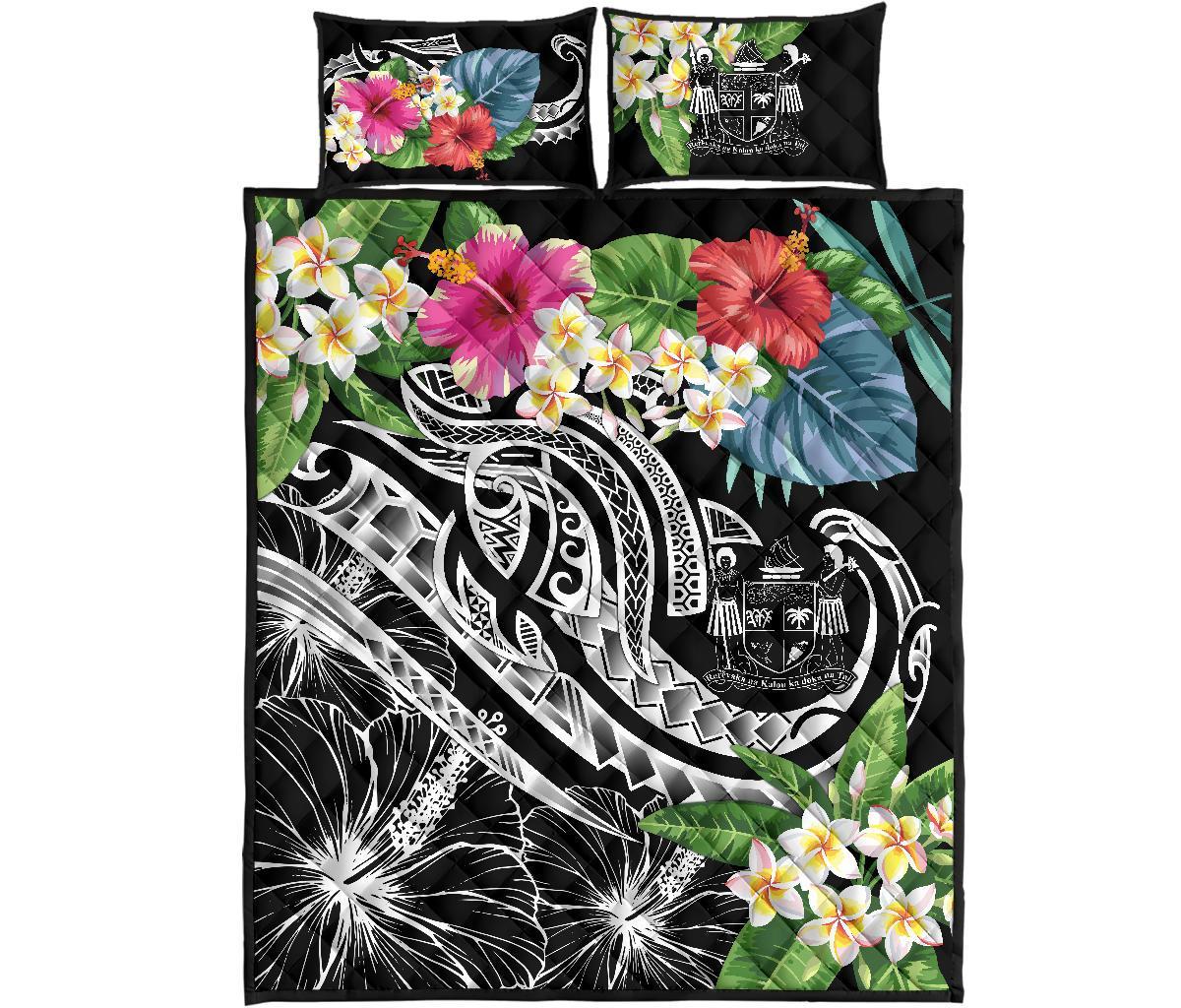 Fiji Polynesian Quilt Bed Set - Summer Plumeria (Black) - Polynesian Pride