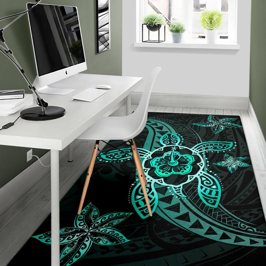 Kanaka Map Hibiscus Plumeria Turtle Art Polynesian Area Rug Turquoise AH - Polynesian Pride