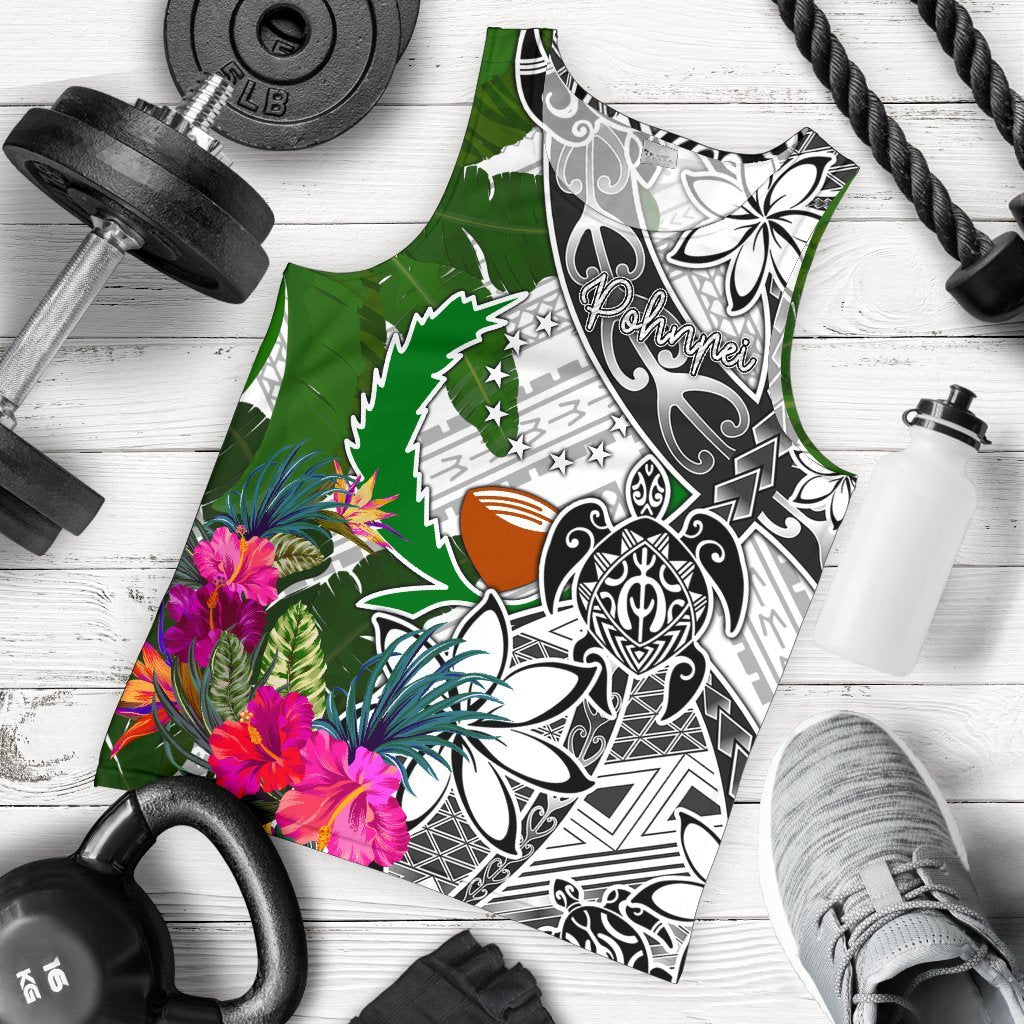 Pohnpei Men's Tank Top White - Turtle Plumeria Banana Leaf White - Polynesian Pride