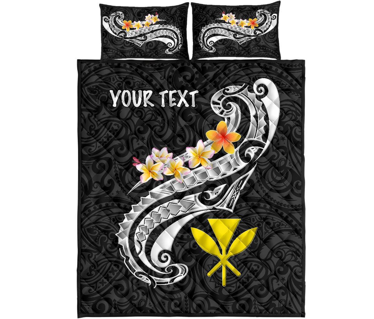 Hawaii Custom Personalised Quilt Bed Set - Kanaka Maoli Polynesian Patterns Plumeria (Black) - Polynesian Pride