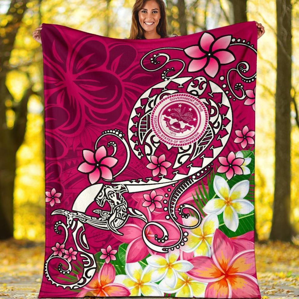 FSM Premium Blanket - Turtle Plumeria (PINK) White - Polynesian Pride