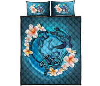 Norfolk Island Polynesian Quilt Bed Set - Blue Plumeria Animal Tattoo - Polynesian Pride