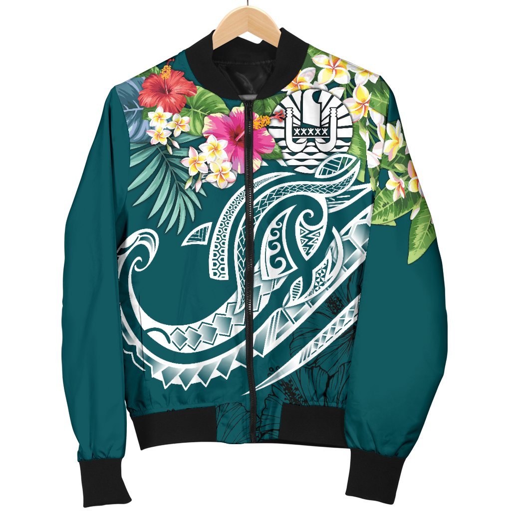 Nauru Polynesian Men's Bomber Jacket - Summer Plumeria (Turquoise) - Polynesian Pride